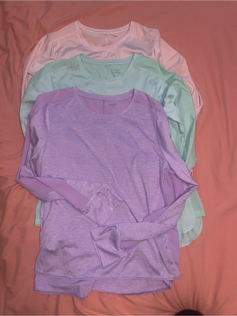 Avia Long-Sleeve Performance Tops in Lavender, Mint & Light Pink